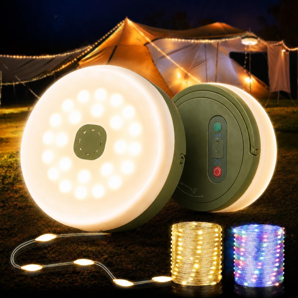 Camping String Lights, 32.8FT Rechargeable with Storage Reel, 8 Modes | Quick Storage Rechargeable Tent Light,Waterproof Hanging LED Design for Awning Patio Indoor Outdoor Decor Camping Essentials