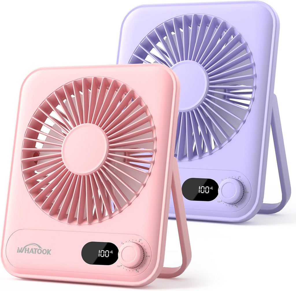 WHATOOK Small Desk Fan Personal Fans: 5000mah 25 Hours Battery Office Quiet Mini Desktop Fan Portable Rechargeable Travel Essentials (Pink & Purple, Milliamp Hours, 2000)