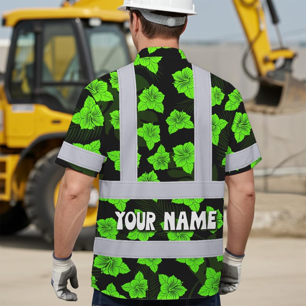 High Visibility Hawaiian Shirt for Men Tropical Shirts Custom Name Floral Outfit Reflective Safety Workwear