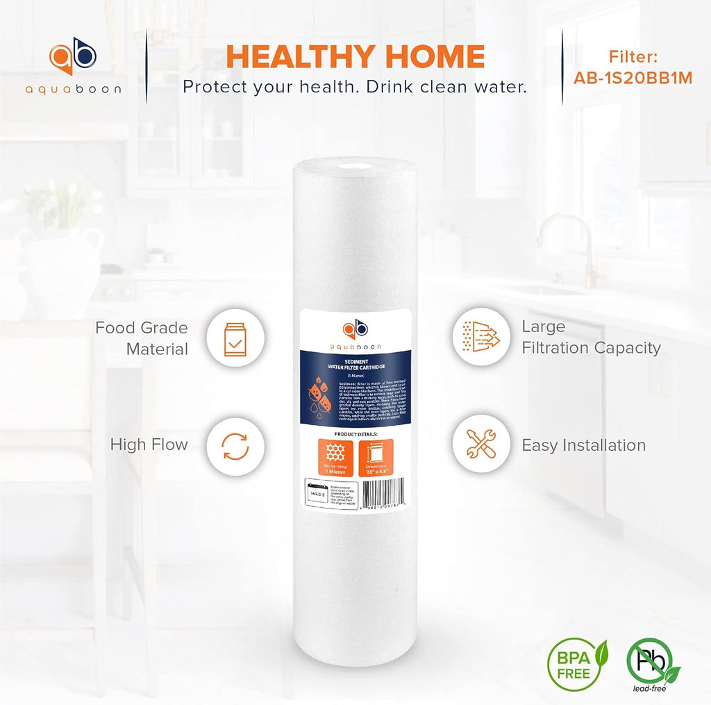 Aquaboon 1 Micron 20 x 4.5 Sediment Water Filter Replacement Cartridge | Whole House Sediment Filtration | Compatible with AP810-2, SDC-45-2005, FPMB5-20, P5-20, FP25B, 155358-43, 4 Pack