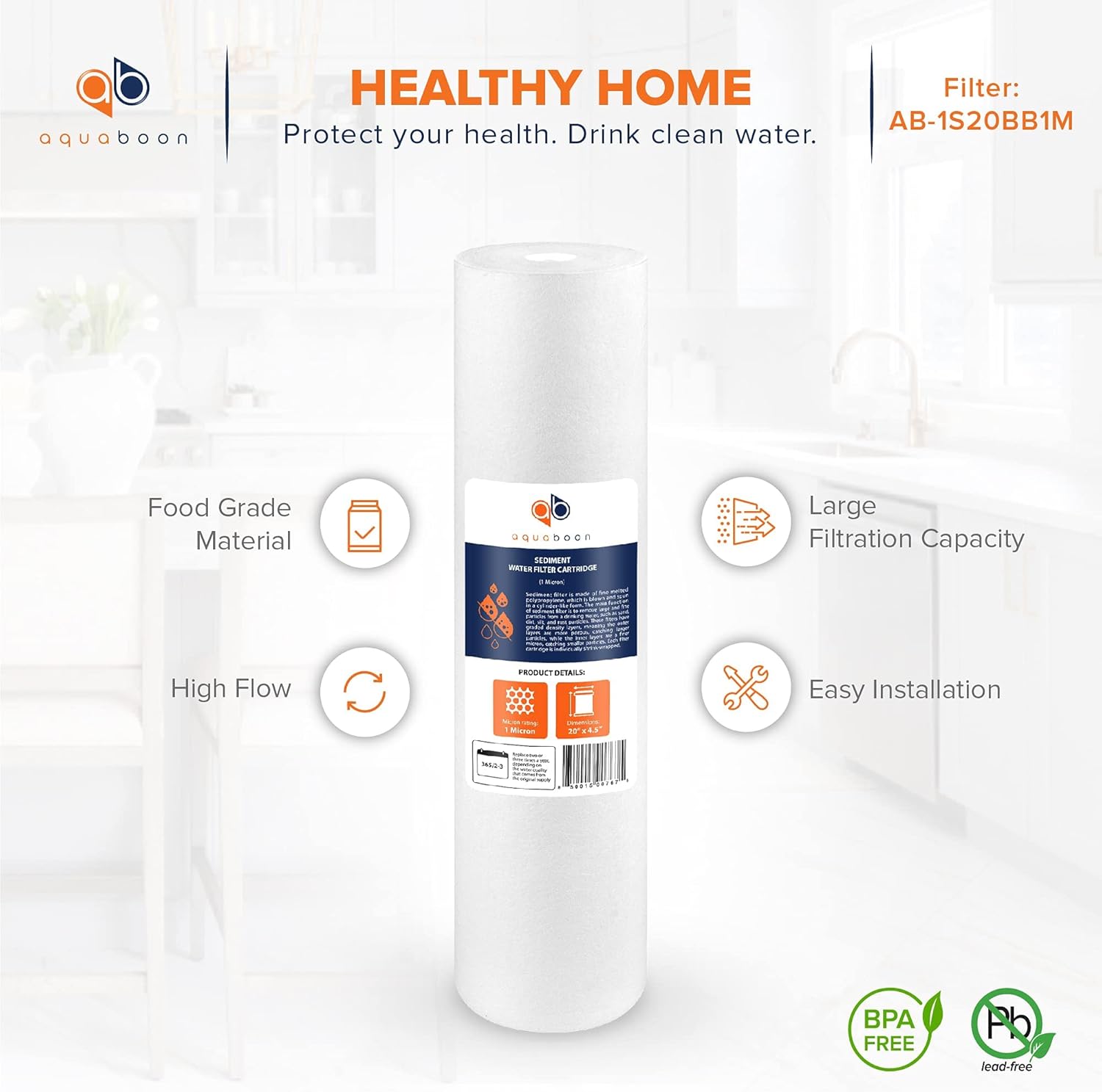Aquaboon 1 Micron 20 x 4.5 Sediment Water Filter Replacement Cartridge | Whole House Sediment Filtration | Compatible with AP810-2, SDC-45-2005, FPMB5-20, P5-20, FP25B, 155358-43, 4 Pack