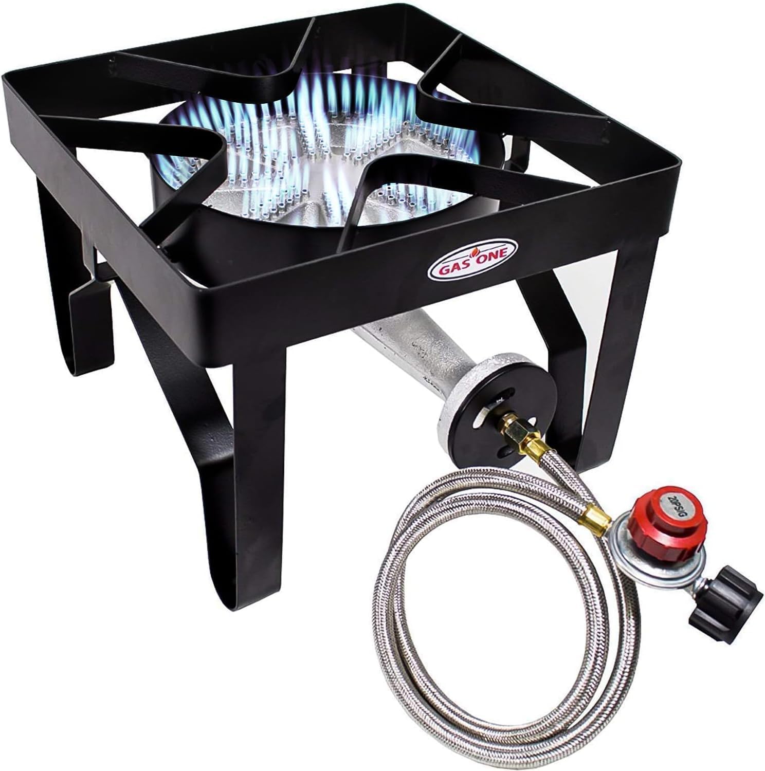 GasOne 200K BTU Propane Burner – Heavy-Duty Propane Stove – Outdoor Burner with Adjustable 0-20Psi Regulator and Steel Braided Hose – Ideal for Home Brewing, Turkey Fry