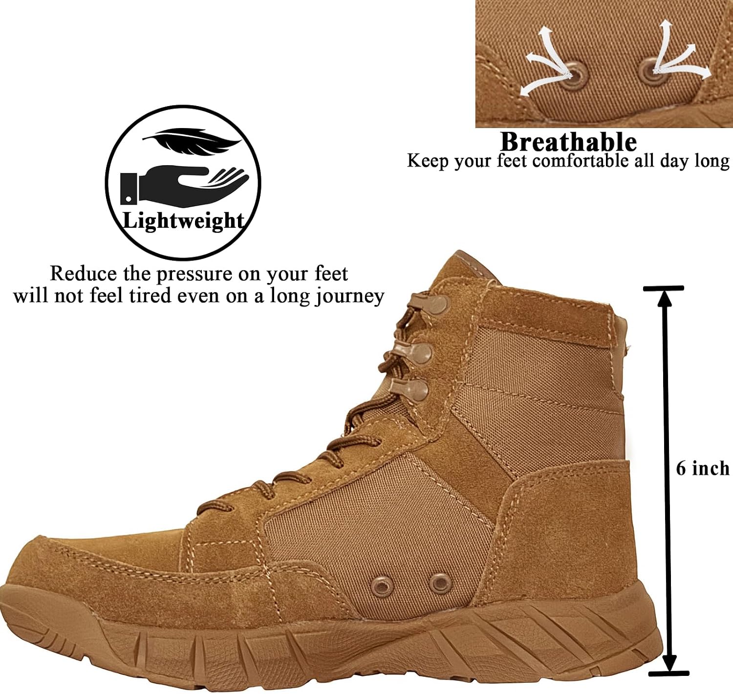 6 Inch Lightweight Mens Tactical Shoes Combat Boots Coyote Boots Military Training Lace Up Outdoor Hiking Breathable Army Shoe