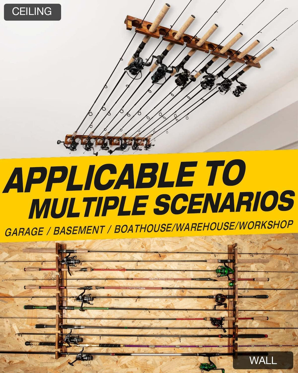 Ghosthorn Fishing Rod Holder,Wall or Ceiling Mounted Pole Rack Garage