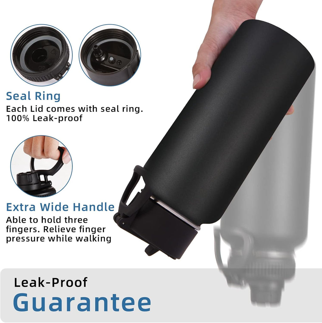 Volhoply 32oz Insulated Water Bottles Bulk 8 Pack with Straw Lid & Spout Lid,Stainless Steel Sports Water Bottle,Double Wall Vacuum Cups,Leakproof Wide Mouth Metal Flask for Hiking,Camping(Black,8)