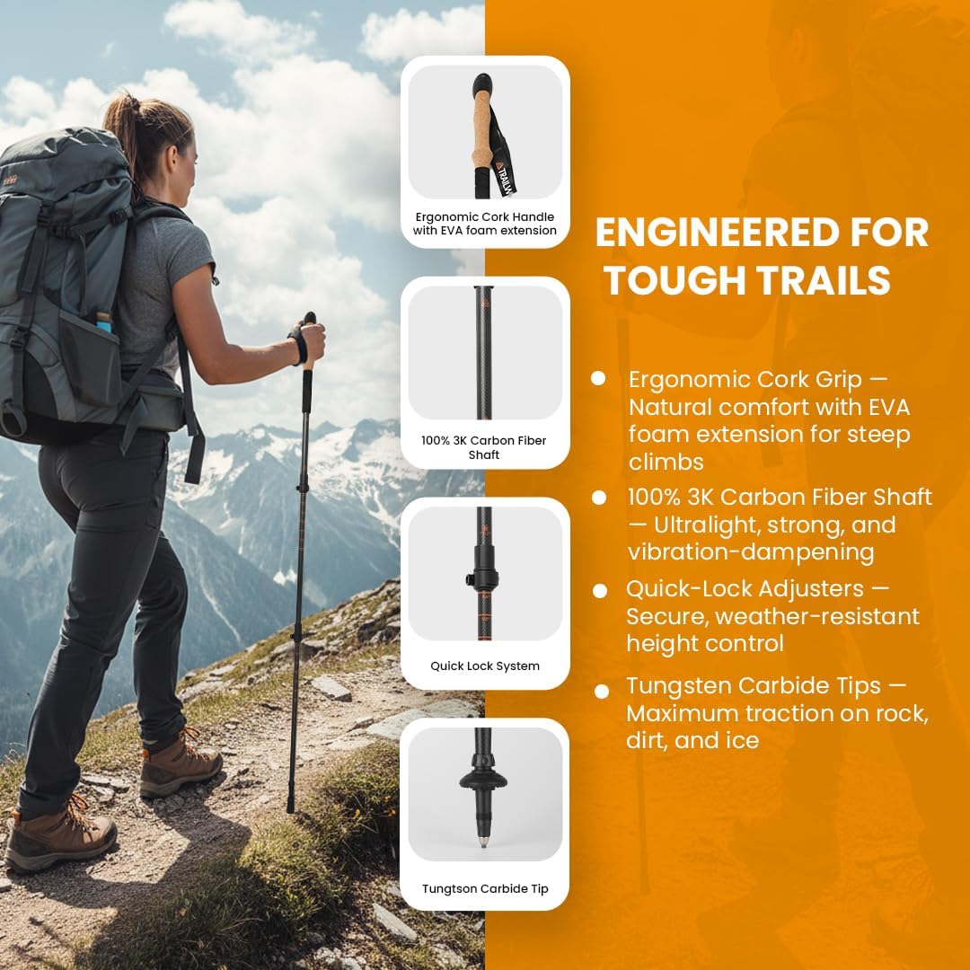 3K Carbon Fiber Hiking & Trekking Poles, Collapsible Lightweight