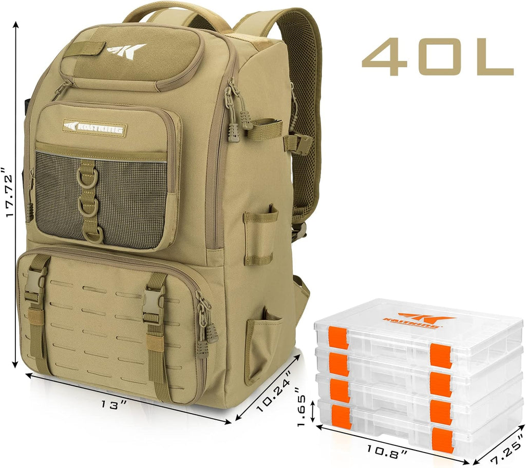 KastKing KarryAll Fishing Backpack with Rod Holder 4 Tackle Boxes, 40/26L