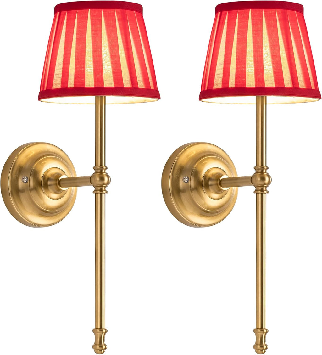 KDG Gold Cordless Wall Sconces Set of 2, Red Fabric LED Wall Lamps