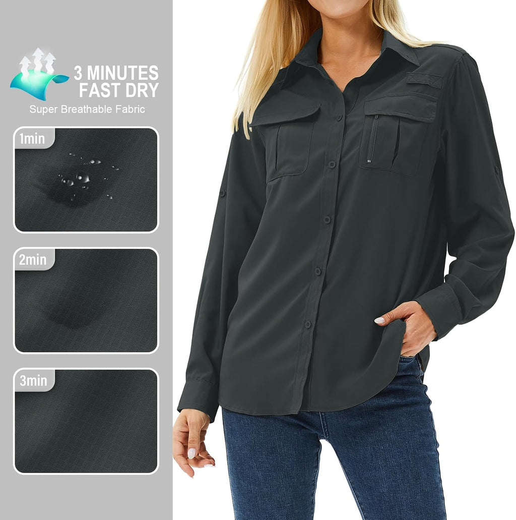 Women's UPF 50 Long Sleeve Sun Protection Safari Fish Hiking Shirts