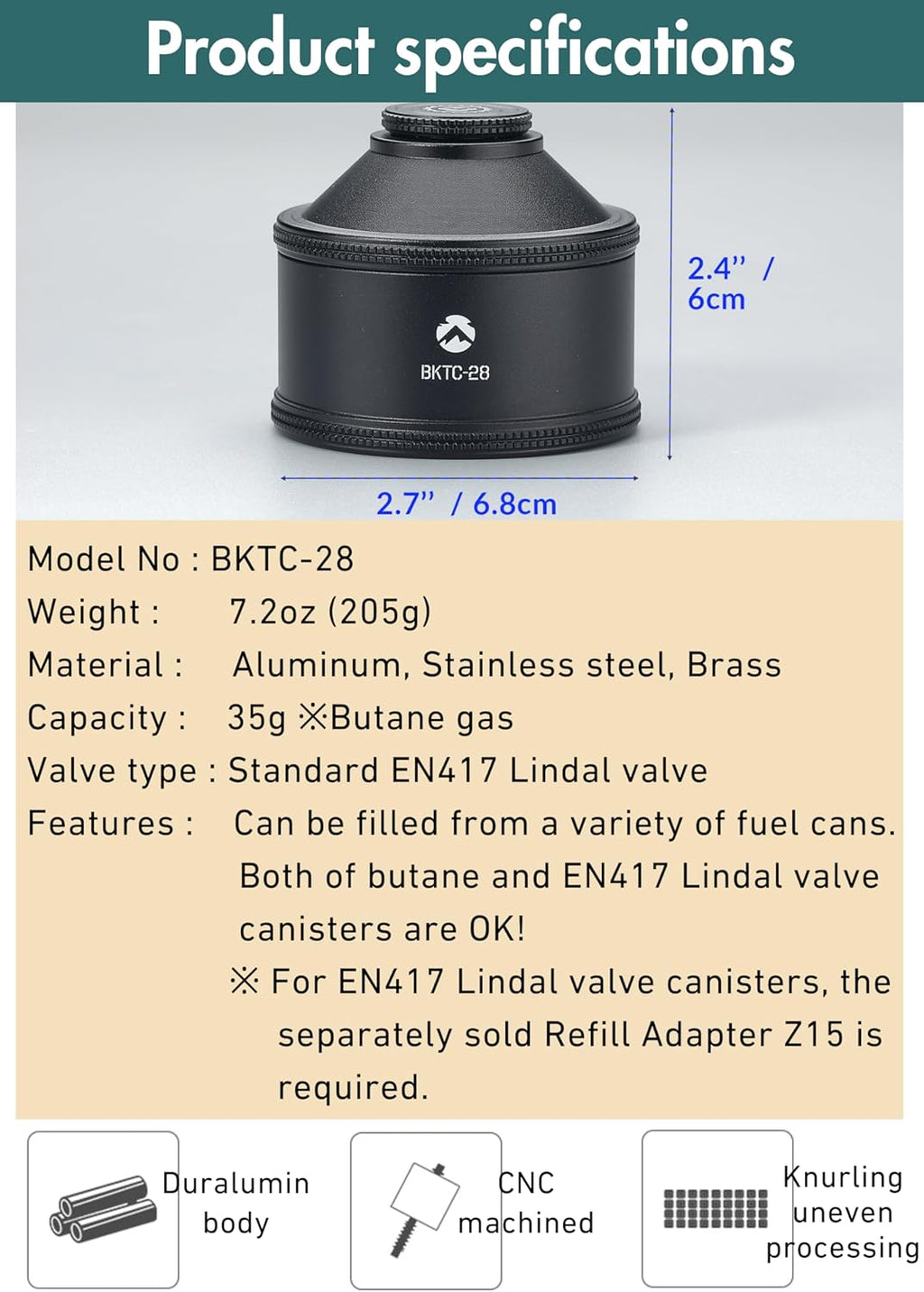 CAMPINGMOON Empty Refillable Gas Canister 35g EN417 Lindal BKTC-28