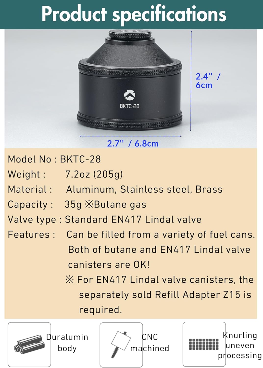 CAMPINGMOON Empty Refillable Gas Canister 35g EN417 Lindal BKTC-28