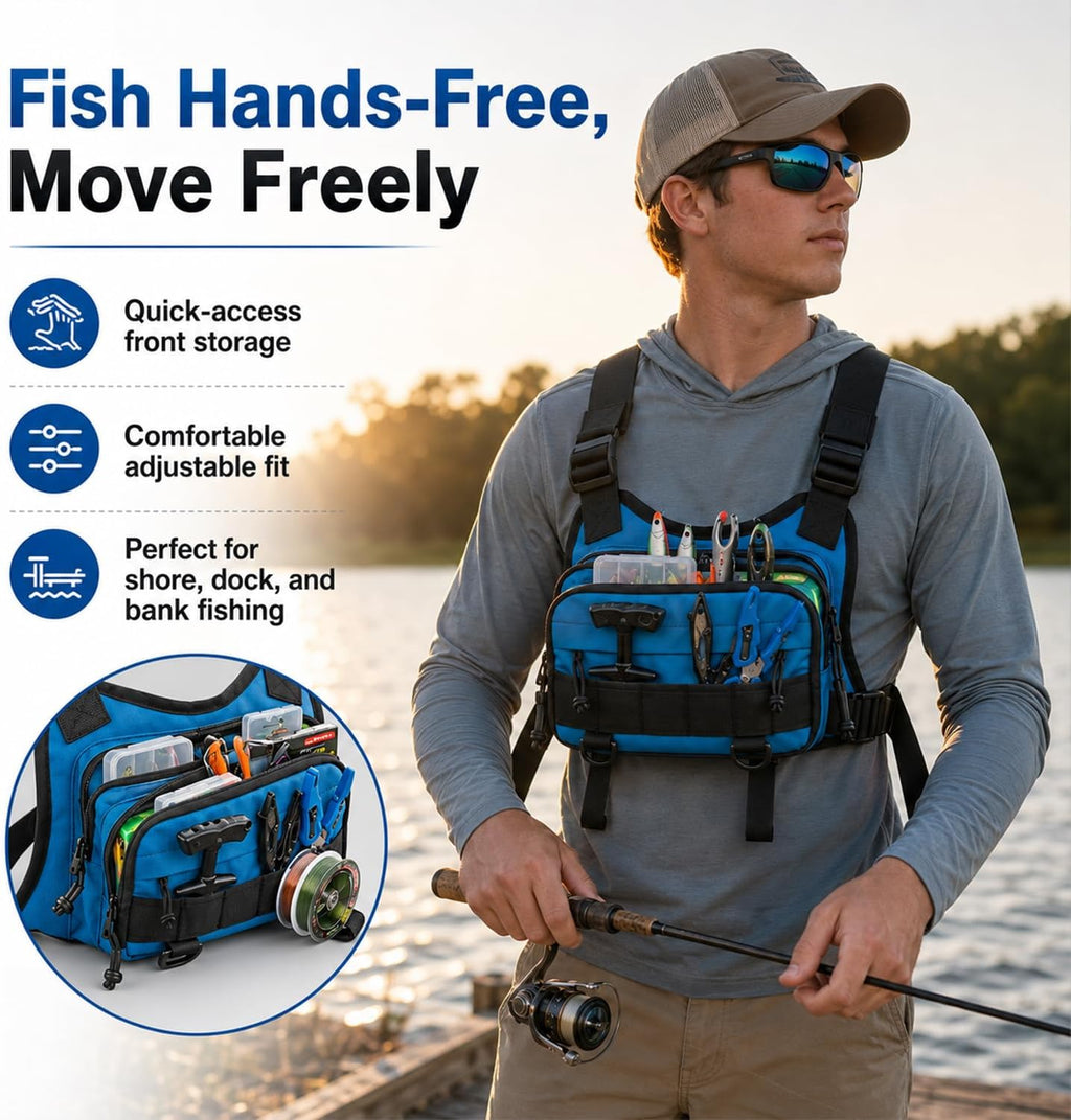 All in One Fishing Chest Pack Tackle Bag with Tackle Box, Fishing Lures Kit