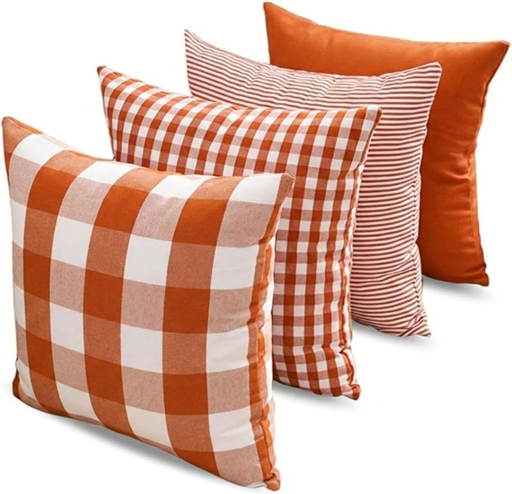 Burnt Orange Fall Plaid Outdoor Porch Pillow Covers 18x18 Set of 4 | Thanksgiving Autumn Pillow Covers 18 x 18, Cojines De Otoño Para Sala, Aesthetic Fall Room Decor, Fall Patio Outdoor Pillow