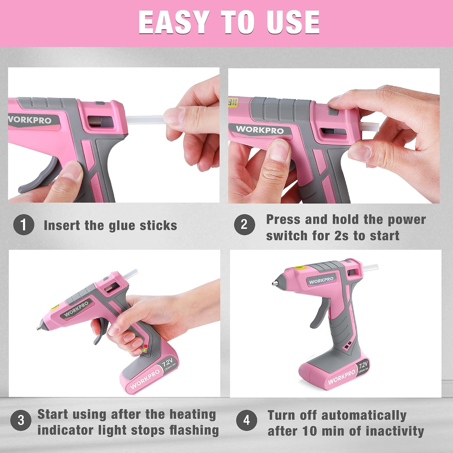 WORKPRO Pink Cordless Hot Melt Glue Gun with 20 Pcs Mini Glue Sticks