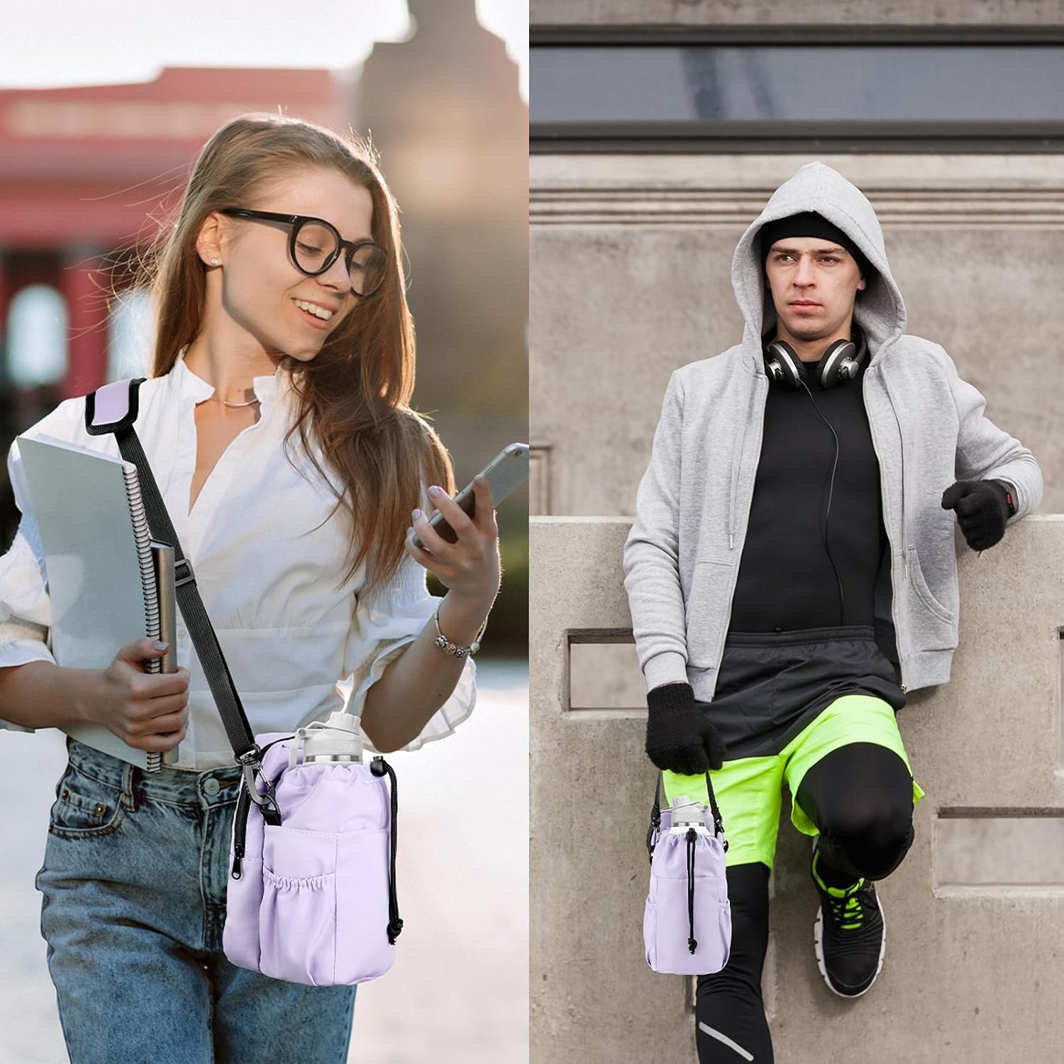 Water Bottle Holder with Strap, 32/40oz Insulation Water Bottle Carrier Bag with Phone Pocket, Water Bottle Sling Bag Crossbody Water Bottle Holder for Hiking Walking