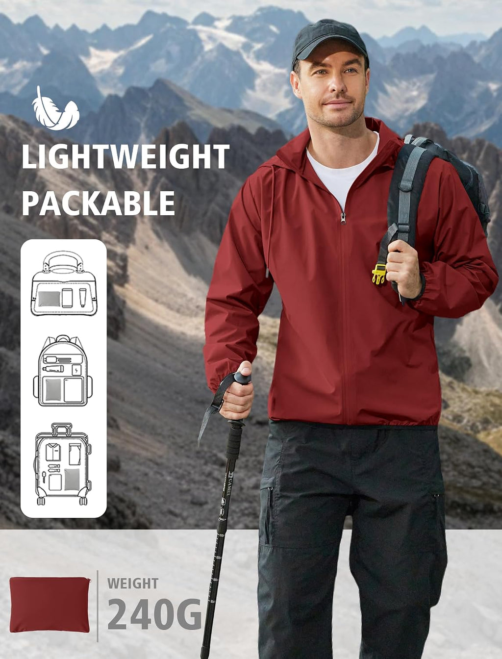 COOFANDY Men's Light Rain Jacket Packable Waterproof Raincoat Windbreaker