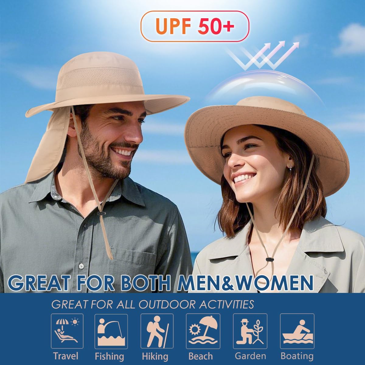 Men&Women Foldable Outdoor Sun Hat with Packable Neck Flap, UV Sun Protection Wide Brim Safari Cap