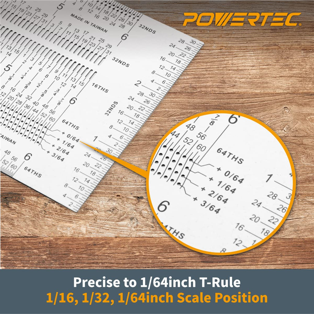 POWERTEC 6'' & 12'' Stainless Steel Precision Marking T-Square, T Rule w/Pencil for Measuring, Scribing, Setting Up Bits Height, Woodworking & Crafting Marking Tools for Drill Press,Table Saw 80032