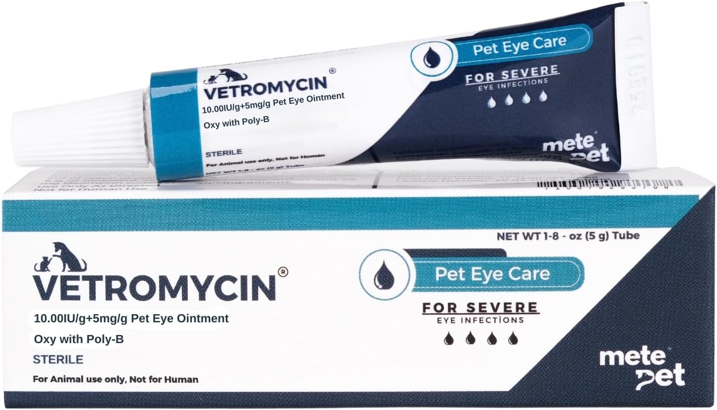 Vetromycin Pet Eye Ointment for Dogs and Cats 1/8 oz /5gr, 1 Tube - Gentle Daily Eye Care, Easy Topical Application