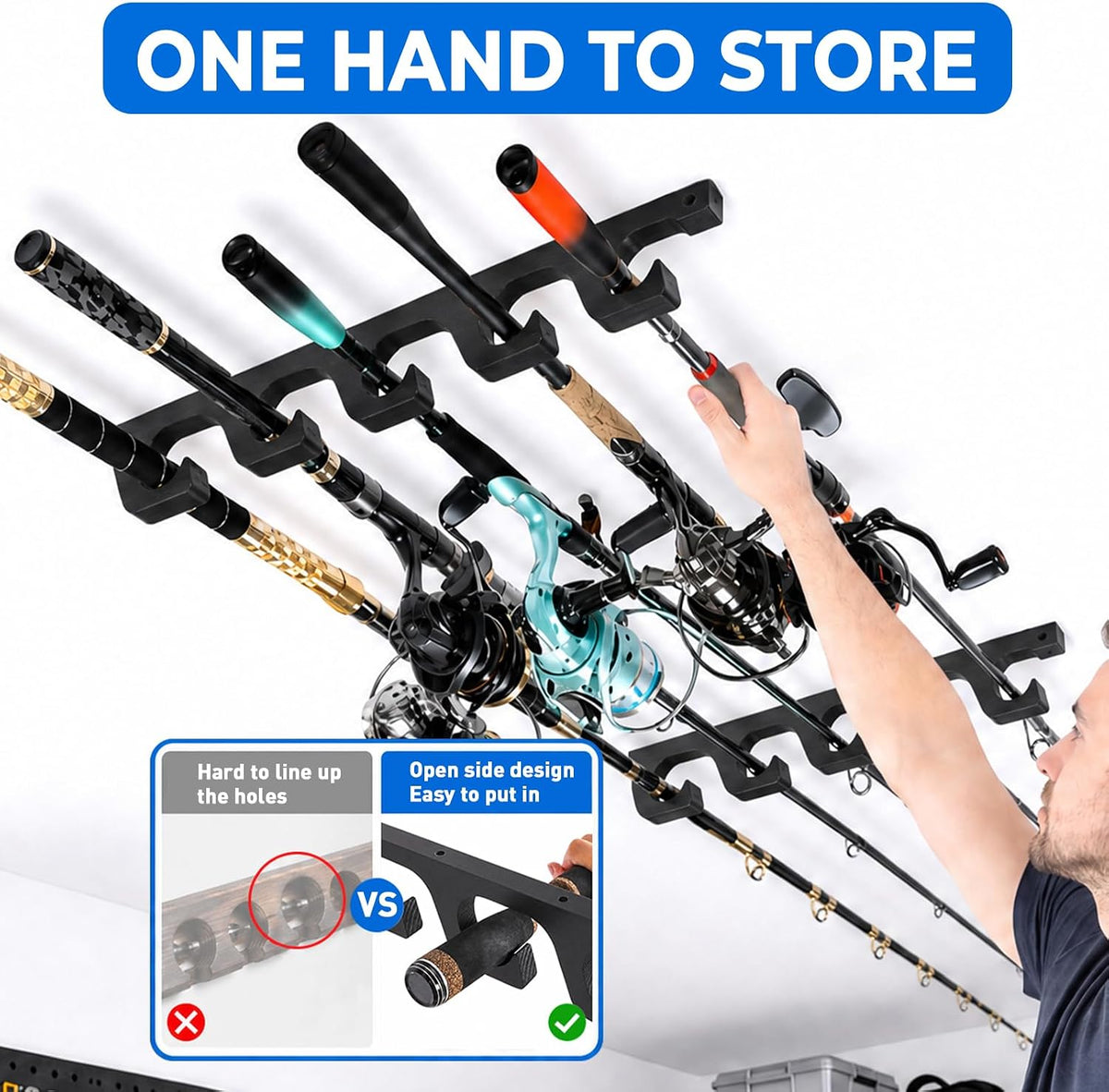 PLUSINNO H5W Solid Wood Fishing Rod Holder, Horizontal Wall & Ceiling Mount Fishing Pole Holders for Garage Storage, Holds 10Rods, Combos and Fishing Nets（Black, 2packs）