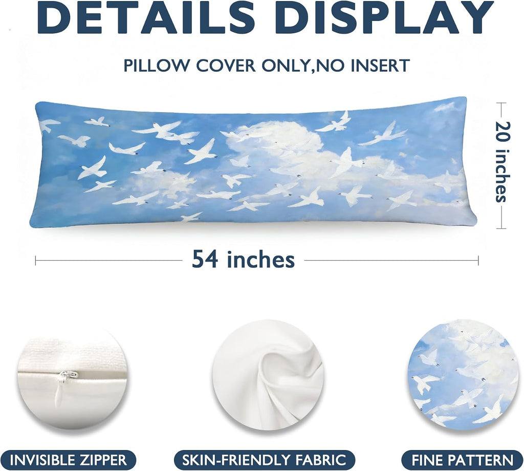 Blue Sky White Doves Pigeon 20x54 Body Pillow Cover, Pigeon Gifts for Women, Peaceful Flying Birds Long Body Pillowcase with Zipper for Bed Couch