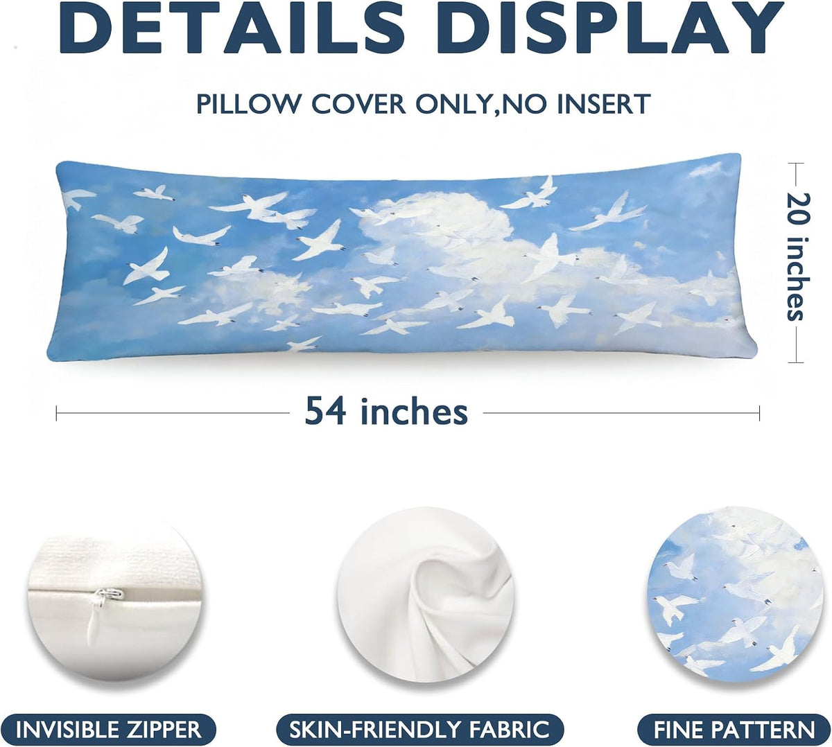 Blue Sky White Doves Pigeon 20x54 Body Pillow Cover, Pigeon Gifts for Women, Peaceful Flying Birds Long Body Pillowcase with Zipper for Bed Couch