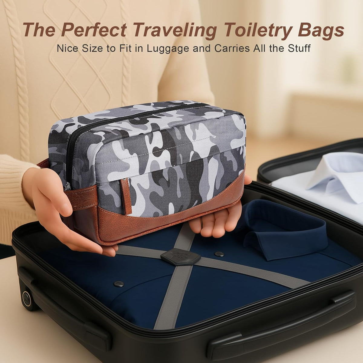 Travel Toiletry Bag for Men, Hanging Toiletry Organizer, Water Resistant Shaving Kit with Large Capacity for Travel Accessories (Camo-Gey, Medium)