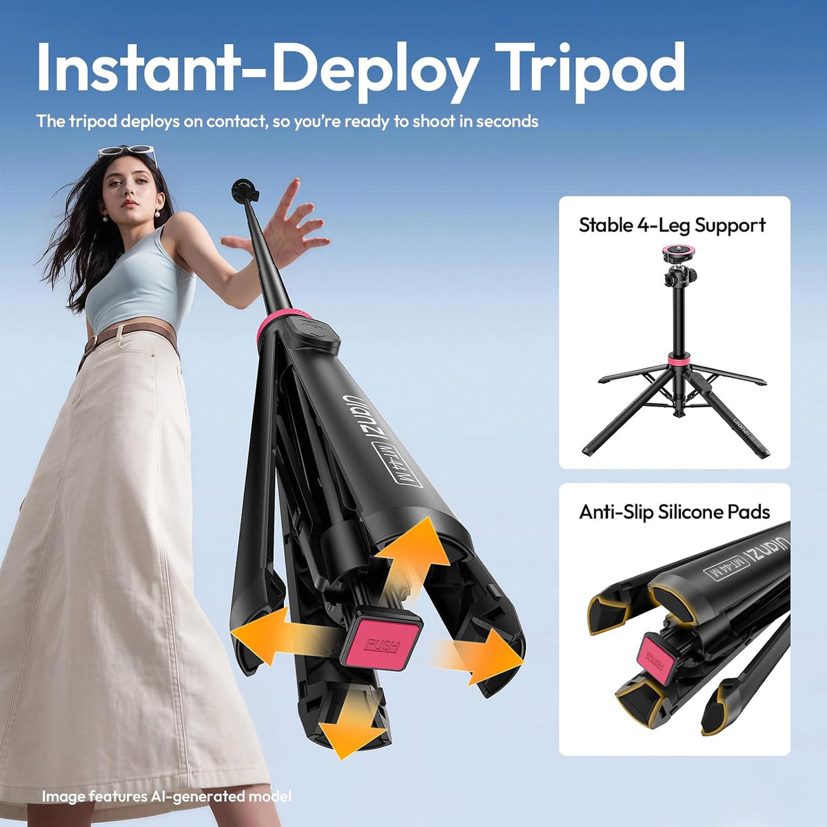 ULANZI MT44M Auto Open Magnetic Phone Tripod, 59" Selfie Stick with Remote