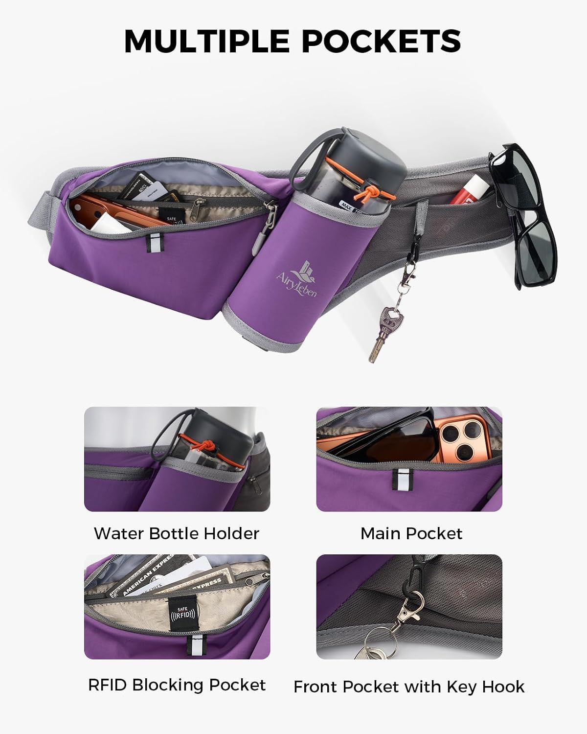 Fanny Pack with Water Bottle Holder, RFID Blocking Running Belt Bag