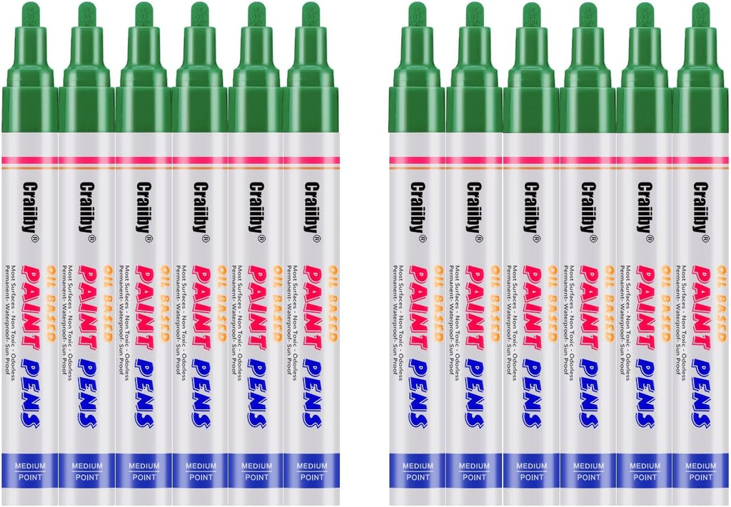 Green Paint Markers, 12 Pack Oil-Based Waterproof Quick Dry Permanent Paint Pen Set for Rocks Painting, Wood, Fabric, Plastic, Canvas, Glass, Mugs, Metal, Tire, Stone, DIY Craft