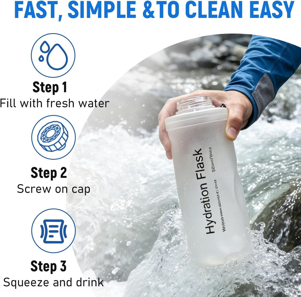 1L Collapsible Water Bottle with Filter for Hiking Backpacking(White)