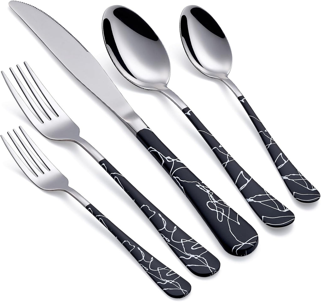 20-Piece Black cracks Silverware Set 18/0 Stainless Steel Silverware Set Yellow Handle Cutlery Black Set Service for 4 Dinner Knives Forks Spoons Set Flatware Set Finish Dishwasher Safe