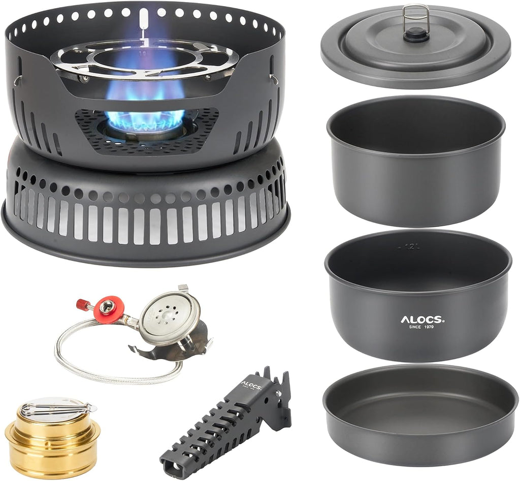 ALOCS 11pc Lightweight Camping Cookware Set with Gas and Alcohol Stove