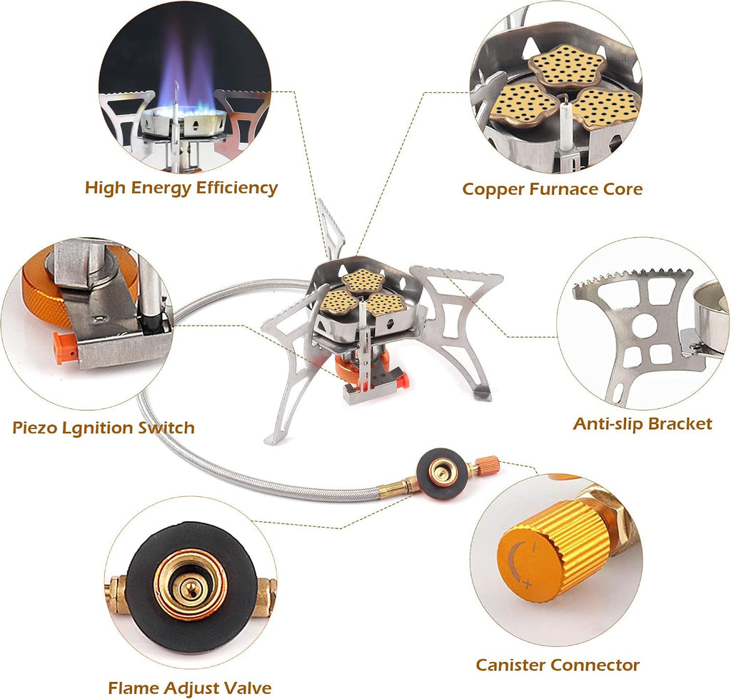 6800W Camping Stove with Fuel Canister Adapter, Portable Backpacking Gas Stove with Piezo Ignition, 1LB Propane Tank, Butane Adapter for Outdoor Cooking, Picnic, Camping and Hiking