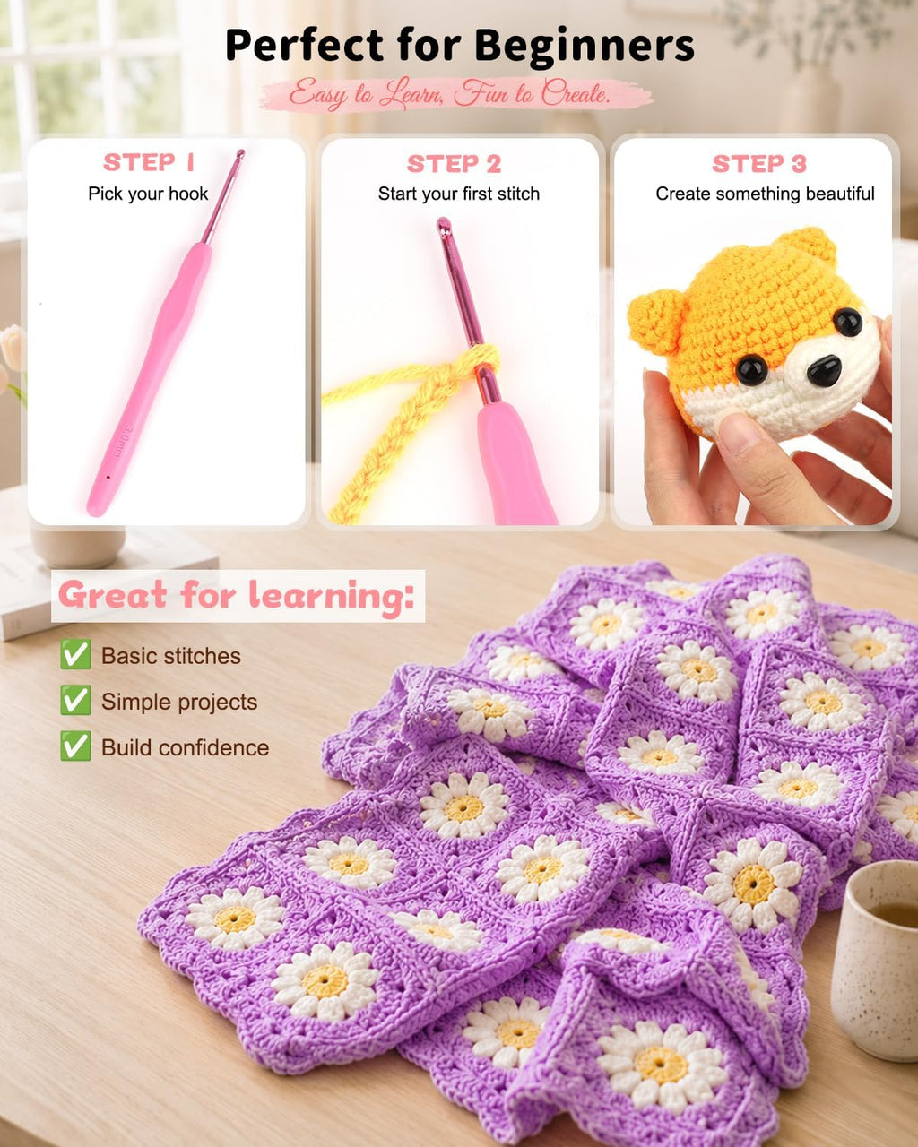 Aeelike Crochet Kit for Beginners- Ideal DIY Craft Gift for Women, Pink