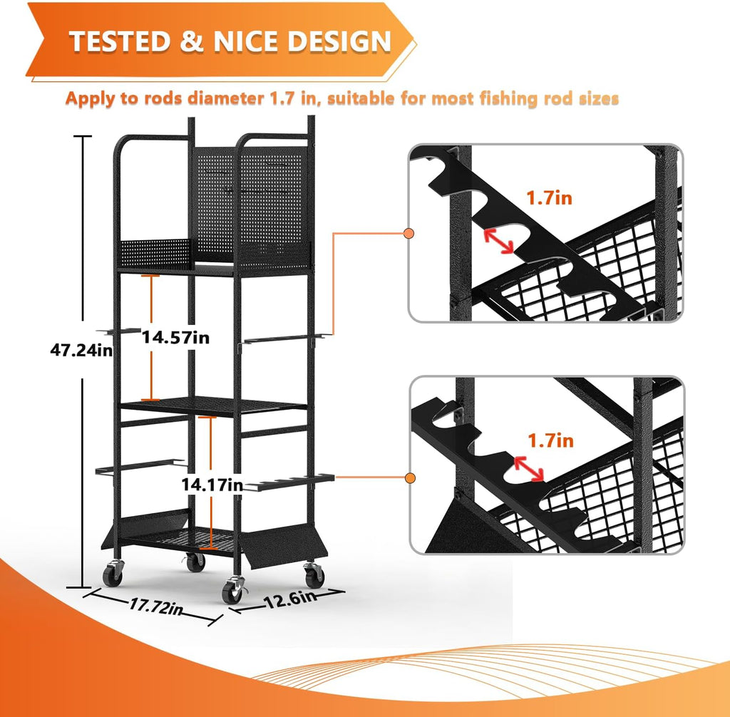 Heavy Duty Fishing Rod Rack, Fishing Organizer for Garage, Fishing Gear Holder for Garage with Movable Wheels
