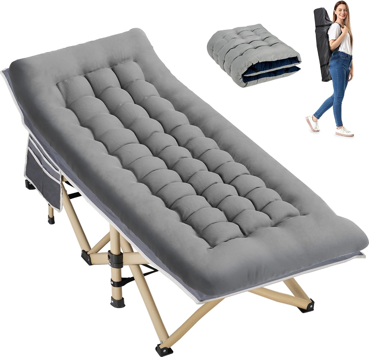 Folding Camping Cot with Mattress for Adults,28" Wide,600LBS