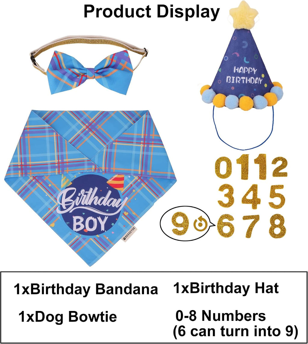 ADOGGYGO Dog Birthday Hat, Blue Birthday Boy Dog Bandana Set, X-Large