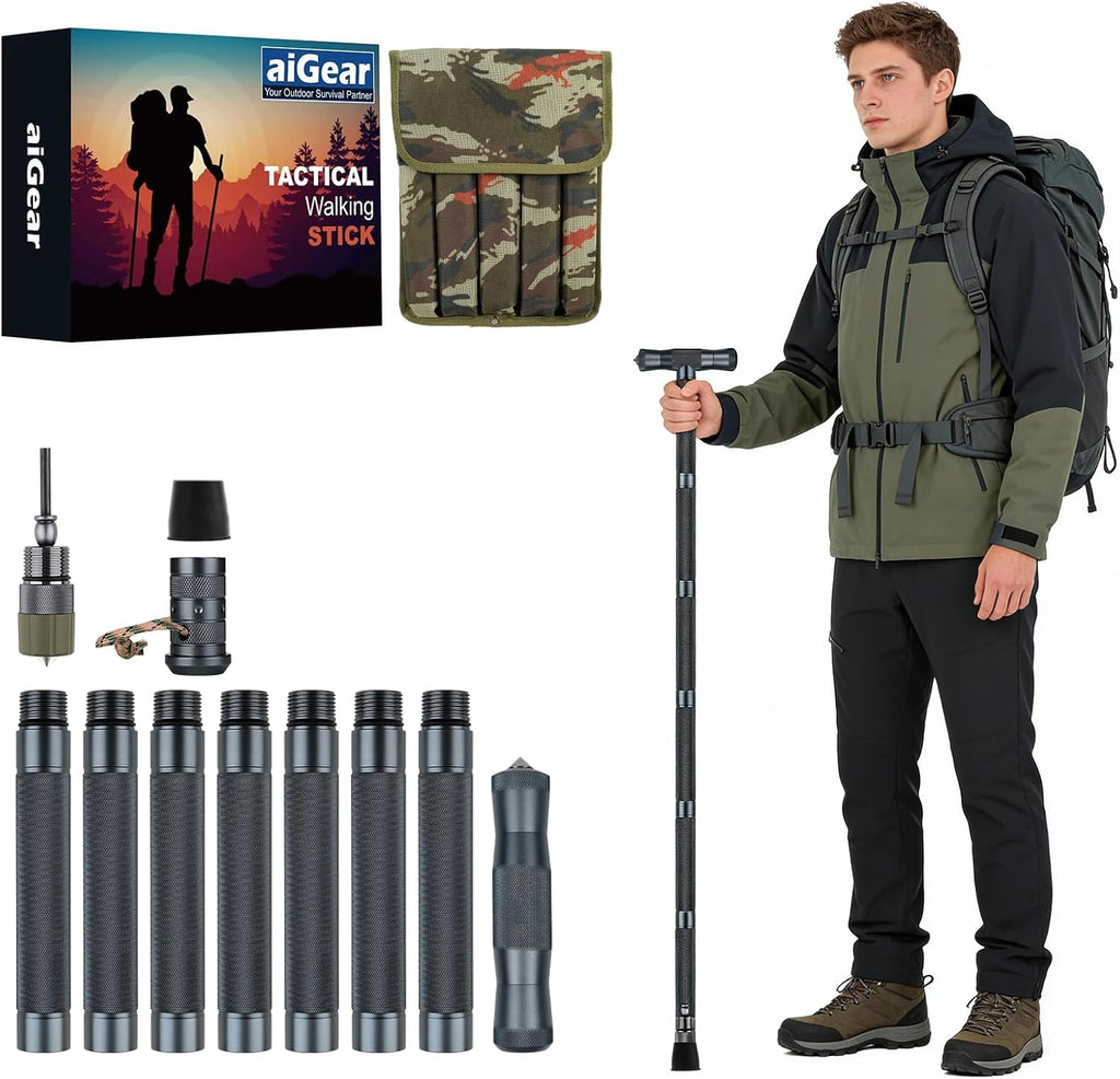aiGear H2/H3 Heavy-Duty Walking Stick with Multi-Tool, 6-8 Section Staff