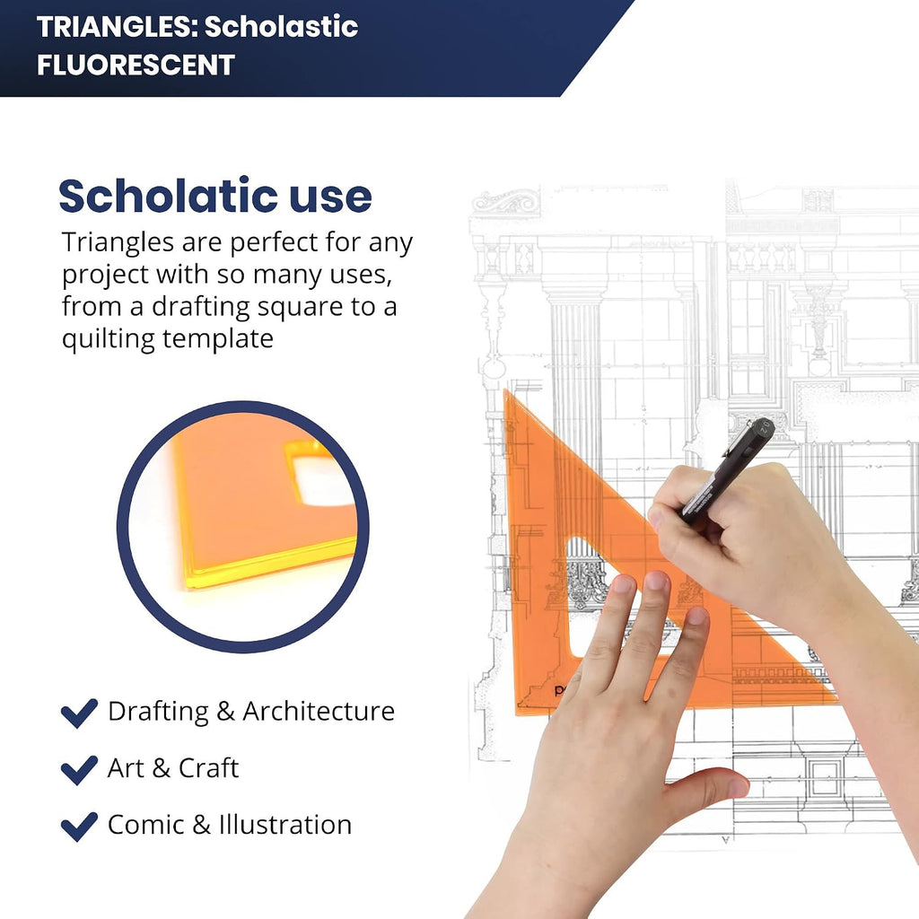 Pacific Arc's Scholastic Triangle - 12 inch - Fluorescent - 45/90 Angle - Polystyrene - Inking Edge - Technical Drawing Tools, Drafting, Architect and Engineering.