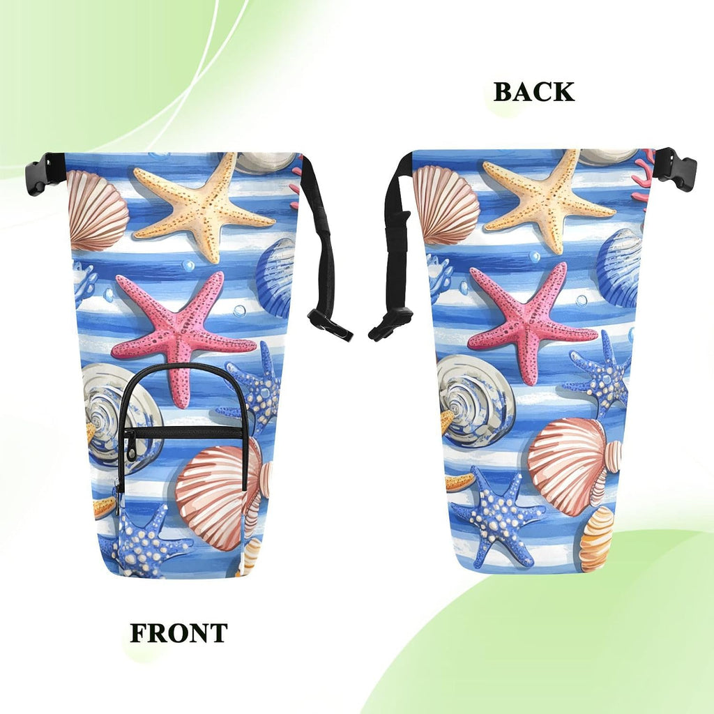 Blue Striped Starfishes Seashells Corals Water Bottle Holder with Strap Insulated Water Bottle Carrier Crossbody Bags Pouch with Phone Pocket for Travel Gym Hiking Walking Running
