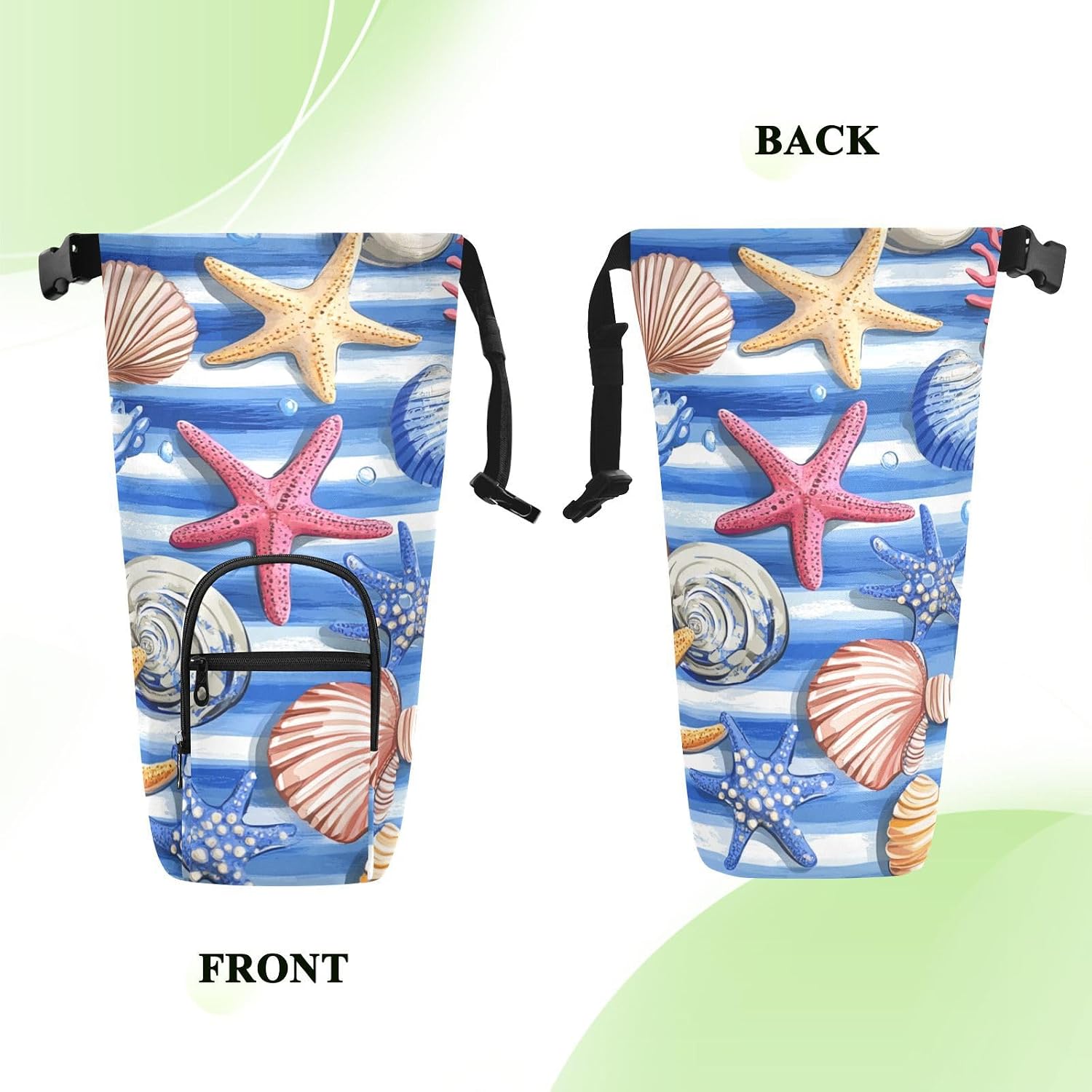 Blue Striped Starfishes Seashells Corals Water Bottle Holder with Strap Insulated Water Bottle Carrier Crossbody Bags Pouch with Phone Pocket for Travel Gym Hiking Walking Running