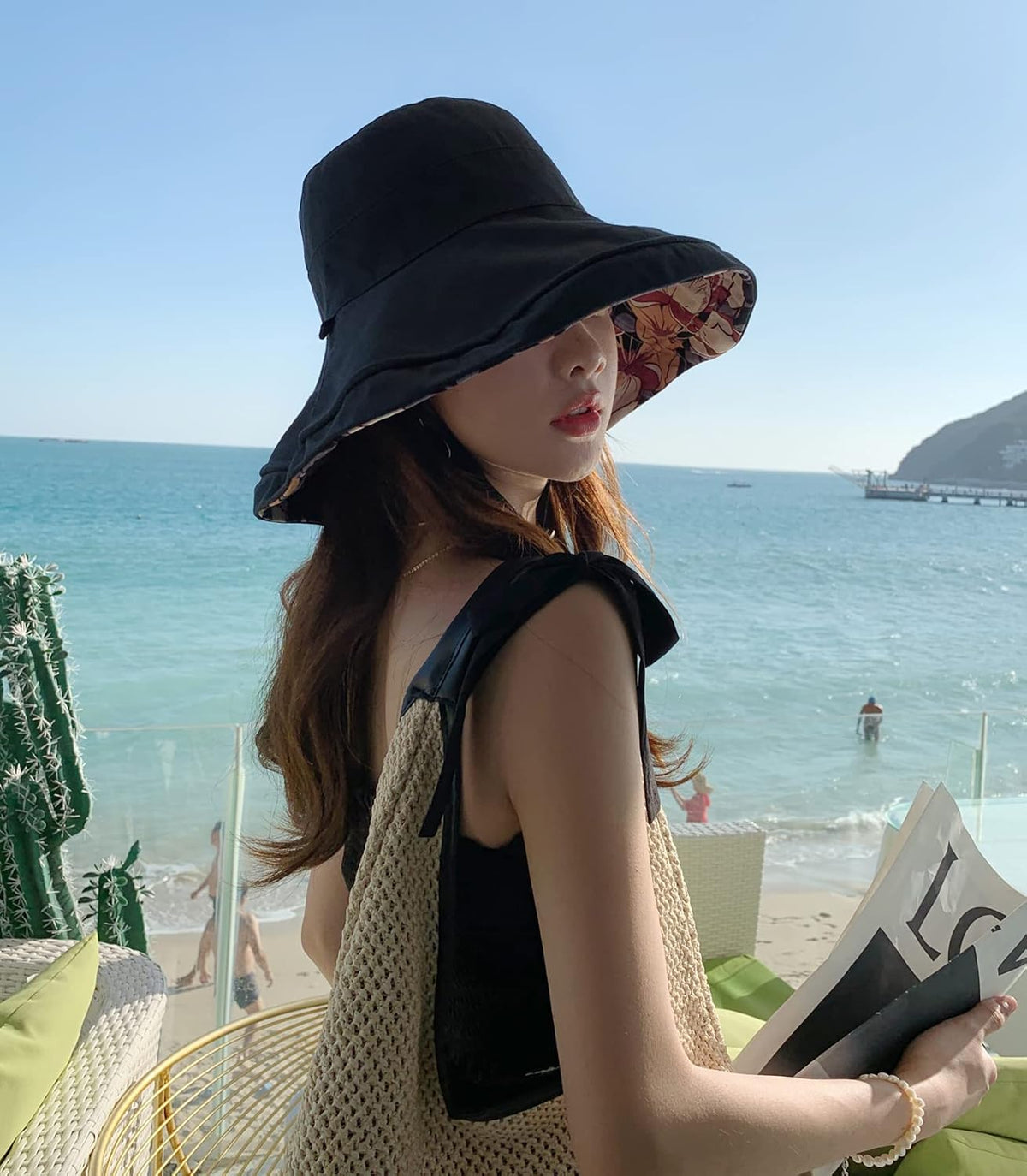 HUAMULAN Wide Brim Women Summer Sun Floppy Hat Reversible Beach Bucket Hat