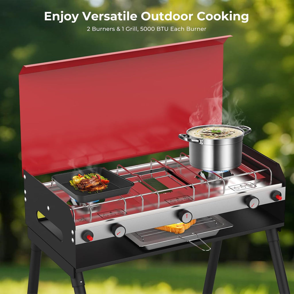 CAMPLUX 2 Burners & 1 Grill Propane Camping Stove, 15,000 BTU Portable Outdoor Propane Camping Grill Burner with Free Standing Legs, Auto-Ignition Gas Stove with Regulator, Red