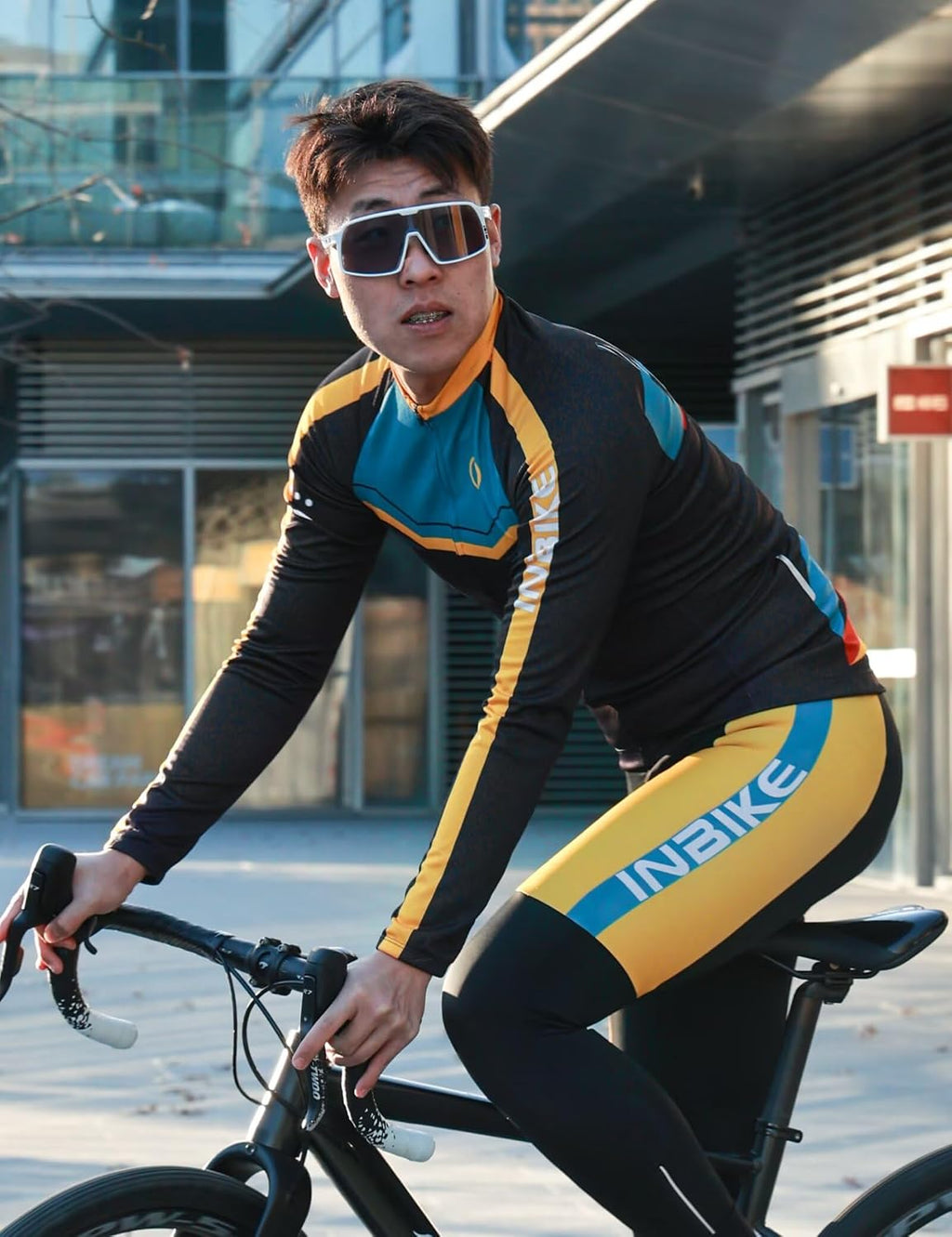 INBIKE Men's Cycling Clothing Set, Long Sleeve Cycling Jersey with 3 Rear Pockets, Cycling Bib Pants 3D Padded Breathable