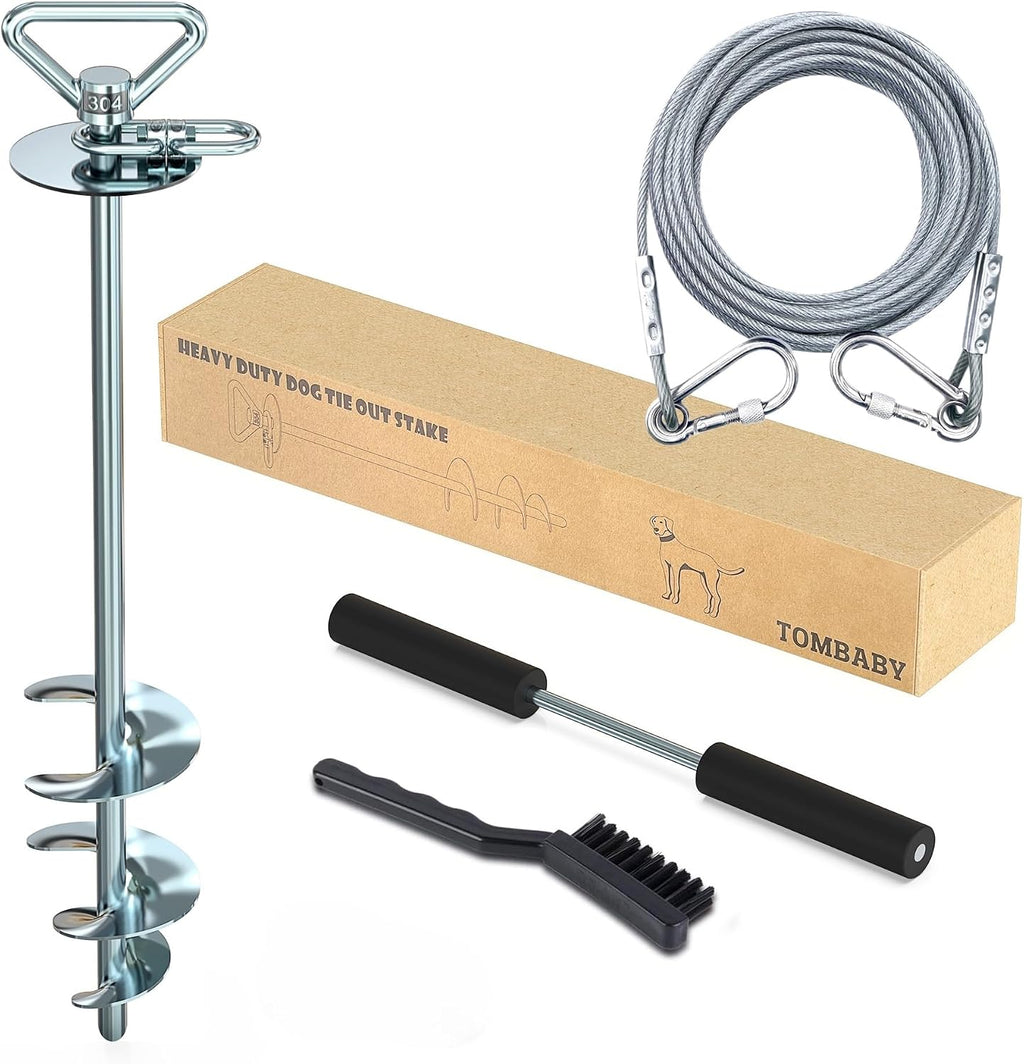 TOMBABY Dog Tie Out Cable and Stake,with 30FT Heavy Duty Cable,360° Swivel Dog Anchor& Anti-Tangle,Dog Runner for Yard,Dog Stake Allows Dogs Up to 150 lbs, Dog Stakes for Outside Beach,Camping, Yard