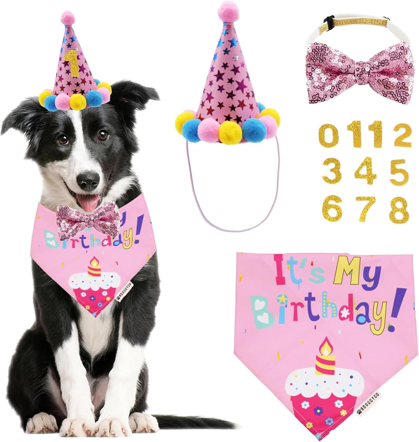 ADOGGYGO Dog Birthday Hat, It's My Birthday Girl Bandana, Pink, Large