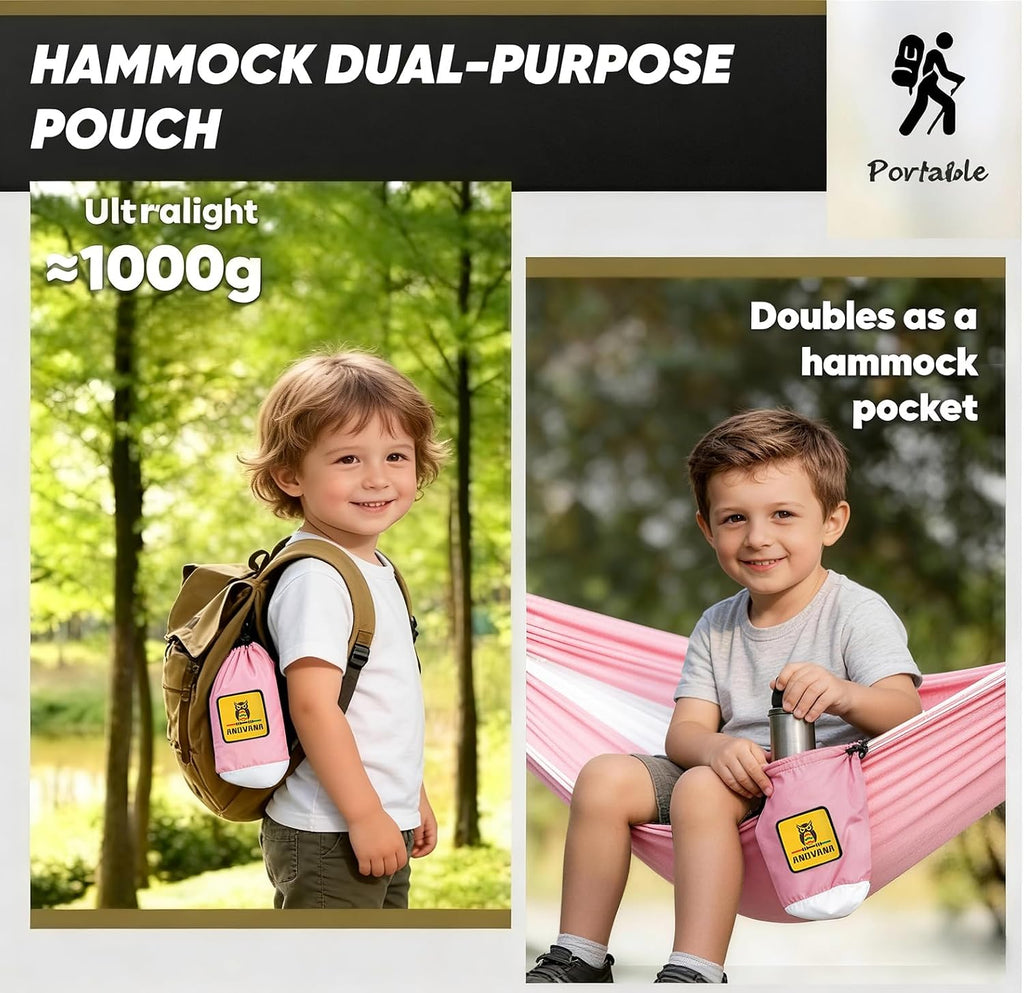 Small Camping Hammock with Mosquito Net, 450 lbs Portable Hammock with Tree Straps, 2-in-1 Double/Single Travel Hammocks, Hammock for Outside/Indoor/Backpacking/Beach - Pink & White