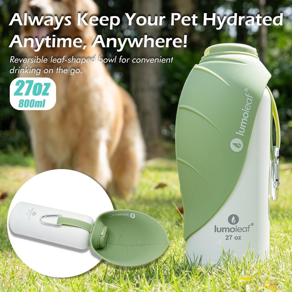 LumoLeaf Insulated Dog Water Bottle 27 oz Stainless Steel - Keep Water Cool or Warm, Portable Pet Water Bowl for Travel, Wide Mouth for Easy Ice Filling & Cleaning (Green, 27 oz)