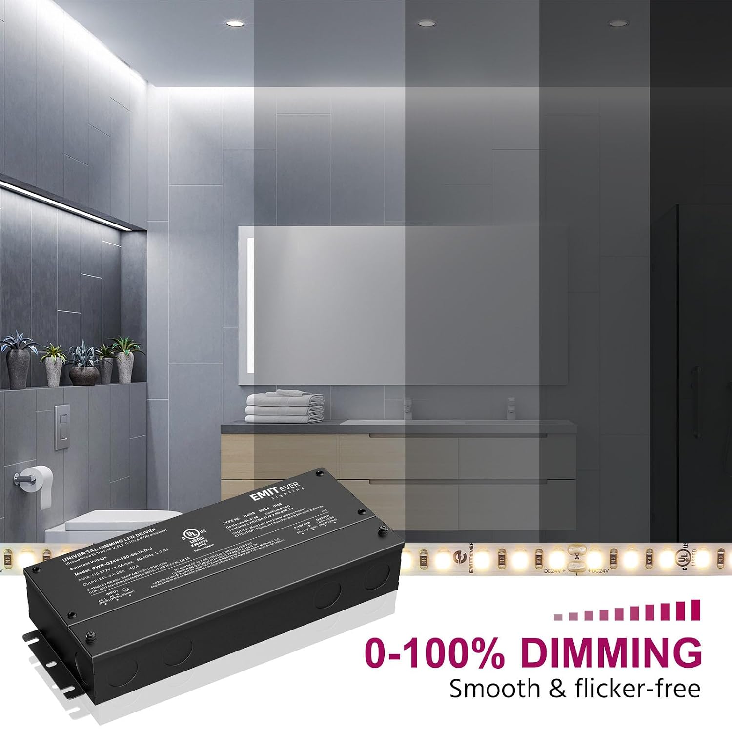 EMITEVER 2-Pack 150W 24V 5-in-1 Dimmable LED Driver, AC 110-277V to DC